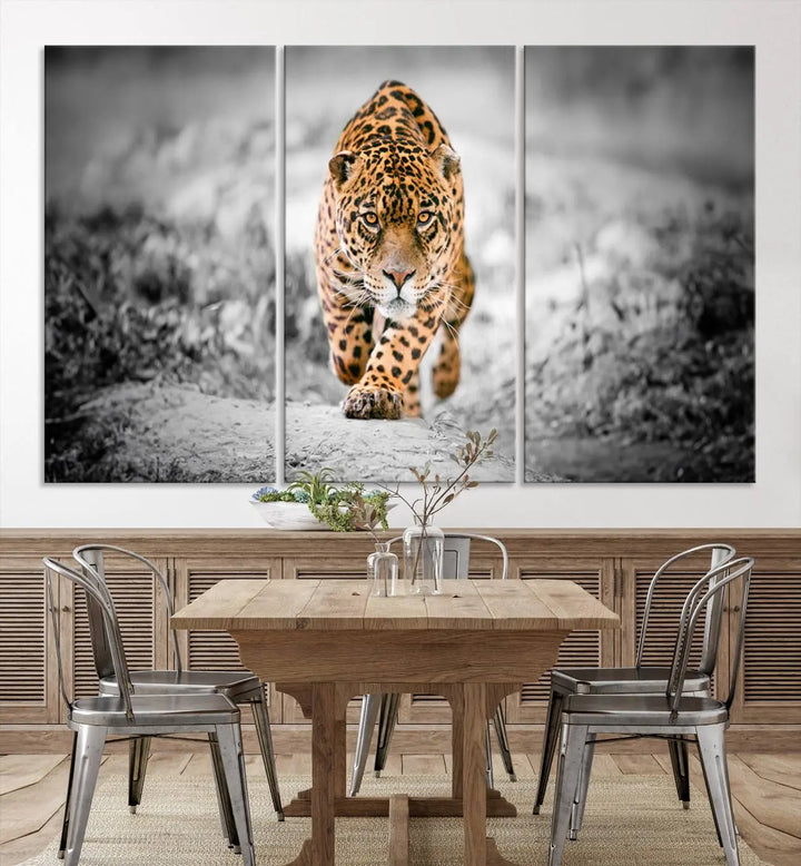 A striking three-panel "Jaguar Stalking Wall Art Canvas Print - Majestic Big Cat in Focused Pursuit" features a leopard walking forward, set against a black and white background.