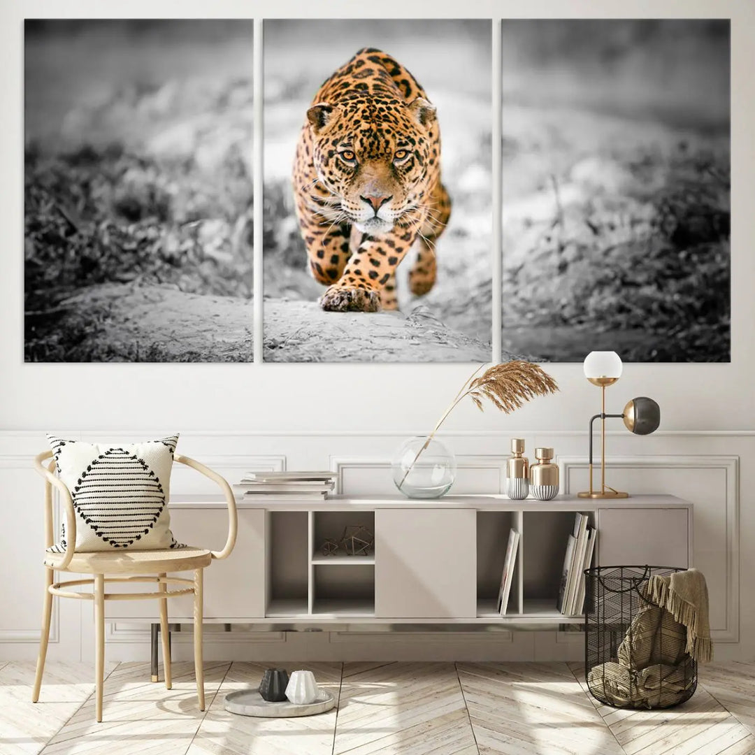 A striking three-panel "Jaguar Stalking Wall Art Canvas Print - Majestic Big Cat in Focused Pursuit" features a leopard walking forward, set against a black and white background.