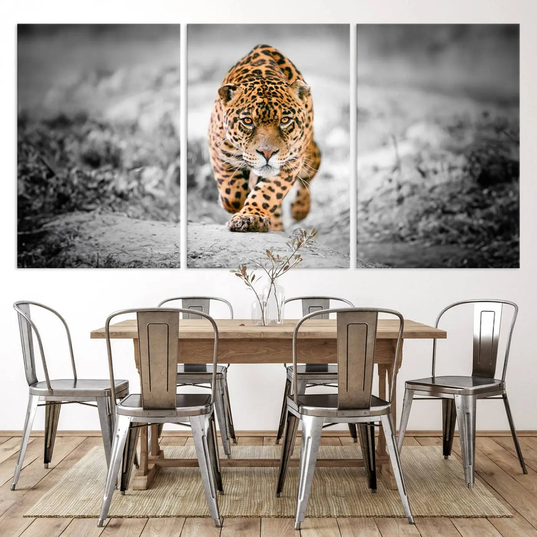 A striking three-panel "Jaguar Stalking Wall Art Canvas Print - Majestic Big Cat in Focused Pursuit" features a leopard walking forward, set against a black and white background.