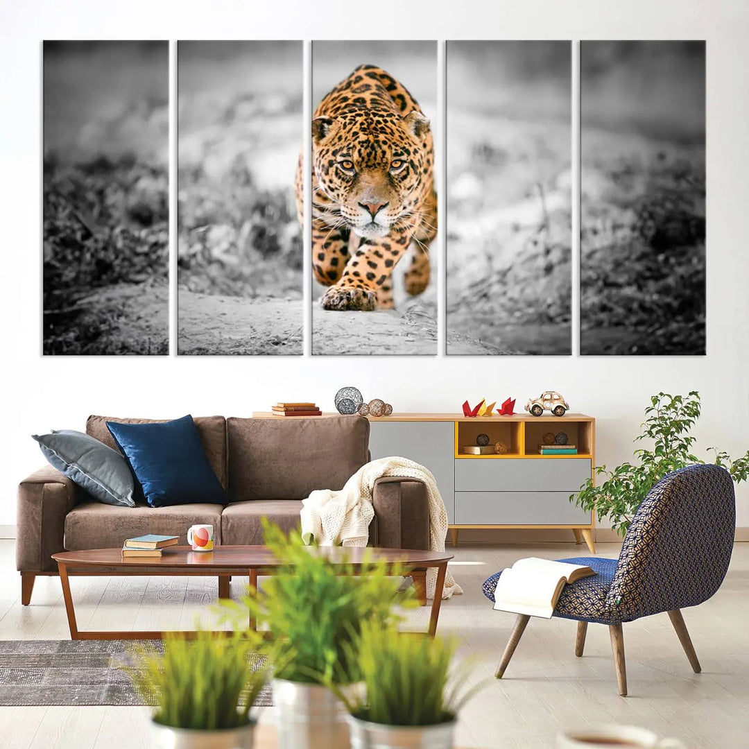 A striking three-panel "Jaguar Stalking Wall Art Canvas Print - Majestic Big Cat in Focused Pursuit" features a leopard walking forward, set against a black and white background.