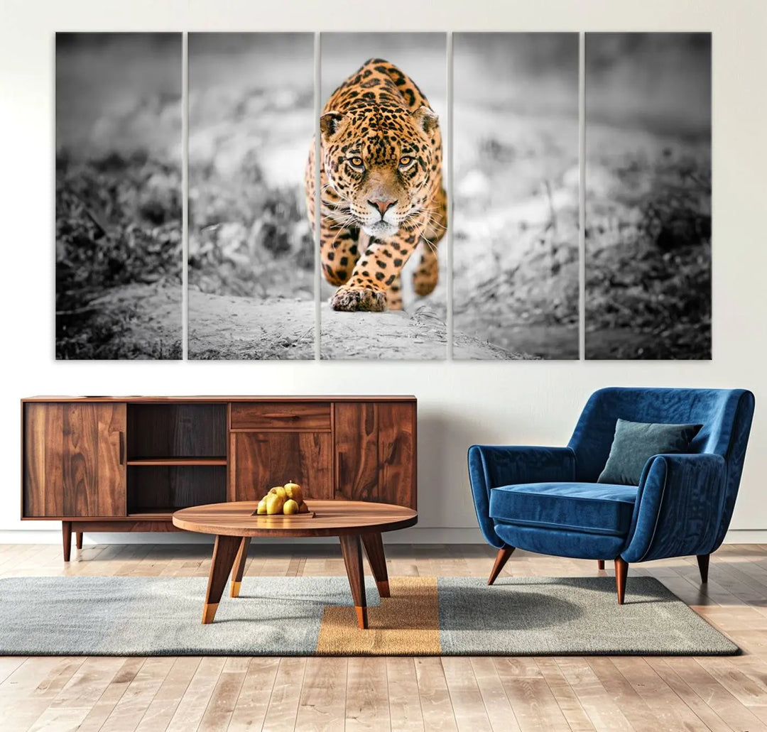 A striking three-panel "Jaguar Stalking Wall Art Canvas Print - Majestic Big Cat in Focused Pursuit" features a leopard walking forward, set against a black and white background.