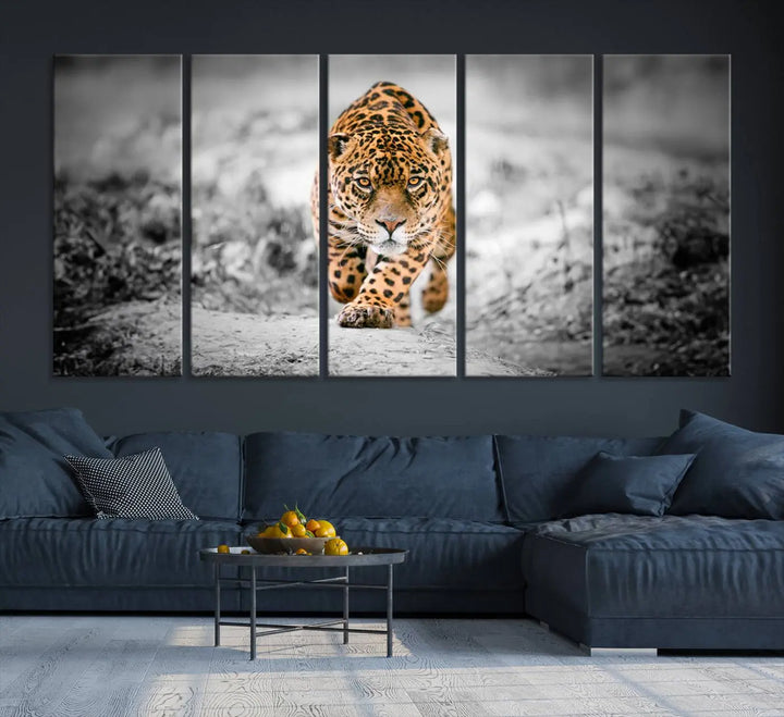 A striking three-panel "Jaguar Stalking Wall Art Canvas Print - Majestic Big Cat in Focused Pursuit" features a leopard walking forward, set against a black and white background.