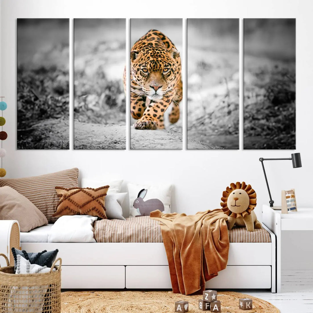 A striking three-panel "Jaguar Stalking Wall Art Canvas Print - Majestic Big Cat in Focused Pursuit" features a leopard walking forward, set against a black and white background.