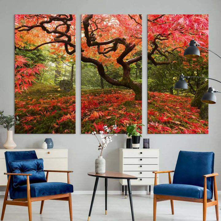 A modern living room features a triptych of the "Japanese Maple in Autumn Japanese Garden Portland Oregon Wall Art Canvas Print," elegantly displayed on museum-quality canvas.