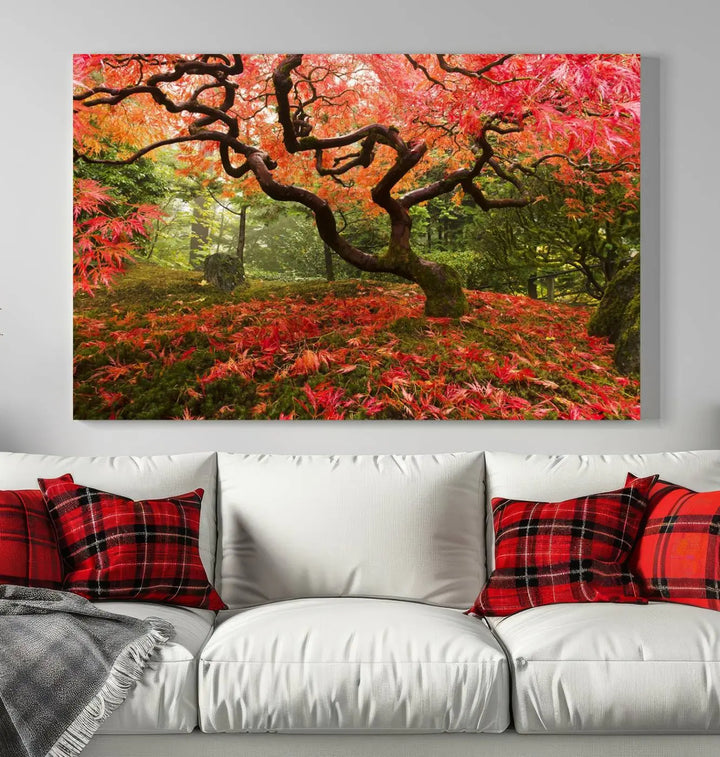 A modern living room features a triptych of the "Japanese Maple in Autumn Japanese Garden Portland Oregon Wall Art Canvas Print," elegantly displayed on museum-quality canvas.