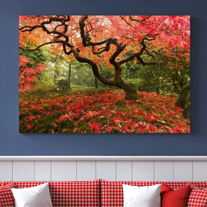 A modern living room features a triptych of the "Japanese Maple in Autumn Japanese Garden Portland Oregon Wall Art Canvas Print," elegantly displayed on museum-quality canvas.