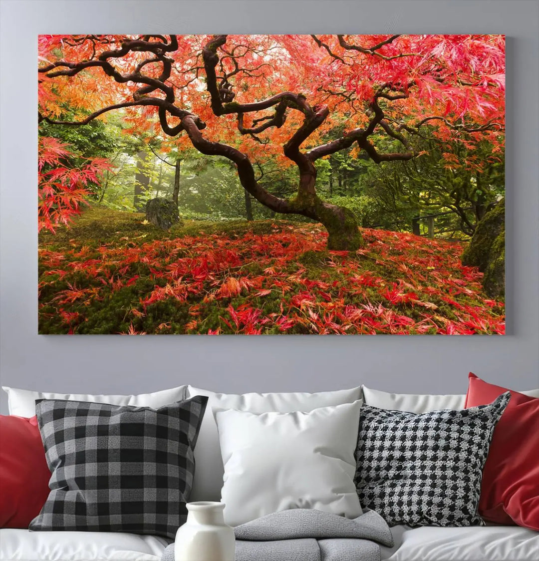 A modern living room features a triptych of the "Japanese Maple in Autumn Japanese Garden Portland Oregon Wall Art Canvas Print," elegantly displayed on museum-quality canvas.