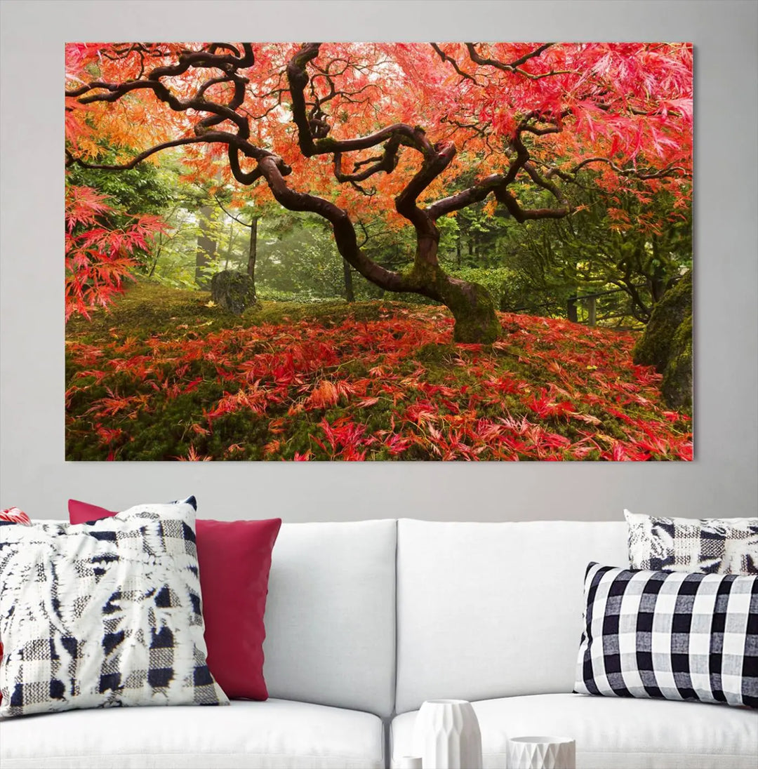 A modern living room features a triptych of the "Japanese Maple in Autumn Japanese Garden Portland Oregon Wall Art Canvas Print," elegantly displayed on museum-quality canvas.