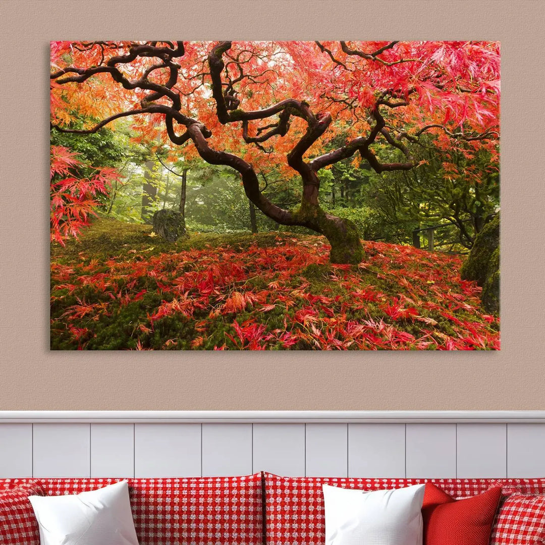 A modern living room features a triptych of the "Japanese Maple in Autumn Japanese Garden Portland Oregon Wall Art Canvas Print," elegantly displayed on museum-quality canvas.