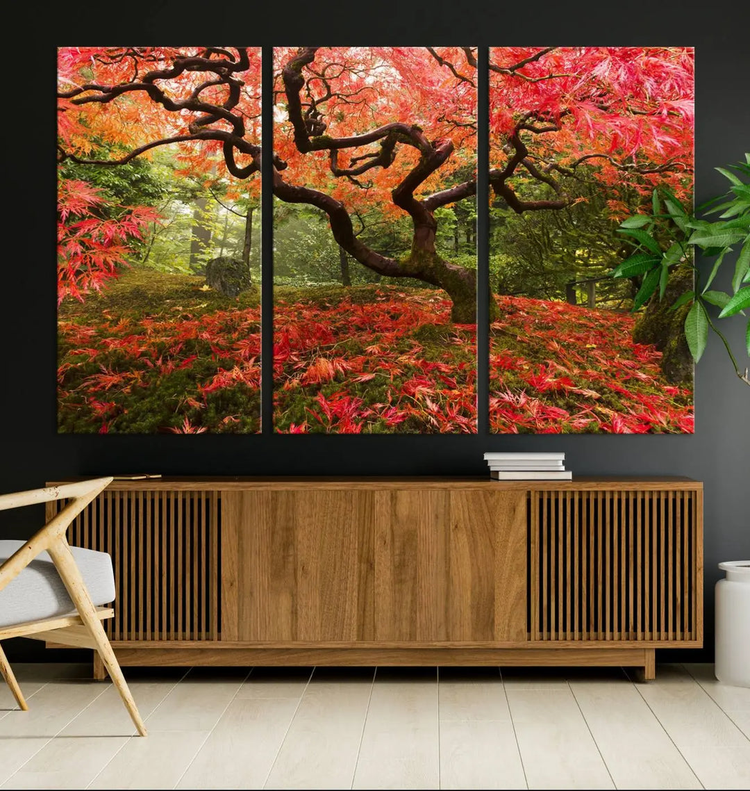 A modern living room features a triptych of the "Japanese Maple in Autumn Japanese Garden Portland Oregon Wall Art Canvas Print," elegantly displayed on museum-quality canvas.