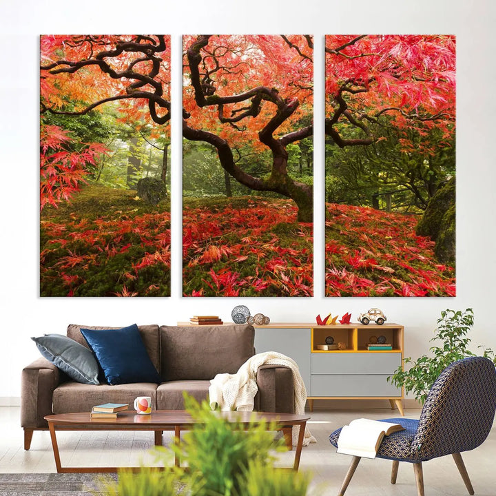 A modern living room features a triptych of the "Japanese Maple in Autumn Japanese Garden Portland Oregon Wall Art Canvas Print," elegantly displayed on museum-quality canvas.