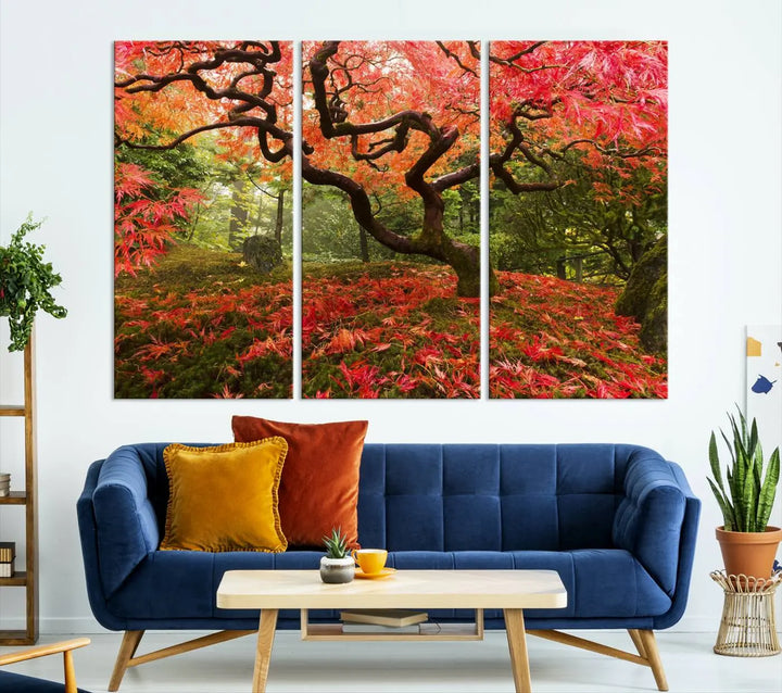 A modern living room features a triptych of the "Japanese Maple in Autumn Japanese Garden Portland Oregon Wall Art Canvas Print," elegantly displayed on museum-quality canvas.