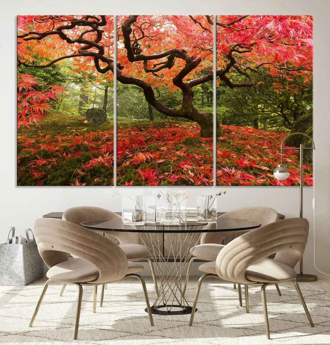 A modern living room features a triptych of the "Japanese Maple in Autumn Japanese Garden Portland Oregon Wall Art Canvas Print," elegantly displayed on museum-quality canvas.