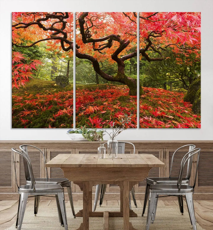 A modern living room features a triptych of the "Japanese Maple in Autumn Japanese Garden Portland Oregon Wall Art Canvas Print," elegantly displayed on museum-quality canvas.