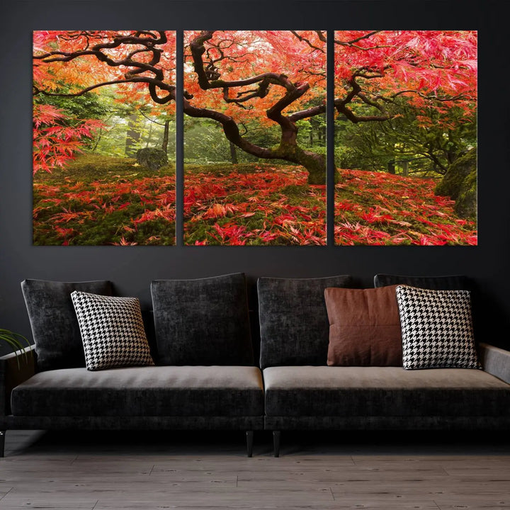 A modern living room features a triptych of the "Japanese Maple in Autumn Japanese Garden Portland Oregon Wall Art Canvas Print," elegantly displayed on museum-quality canvas.