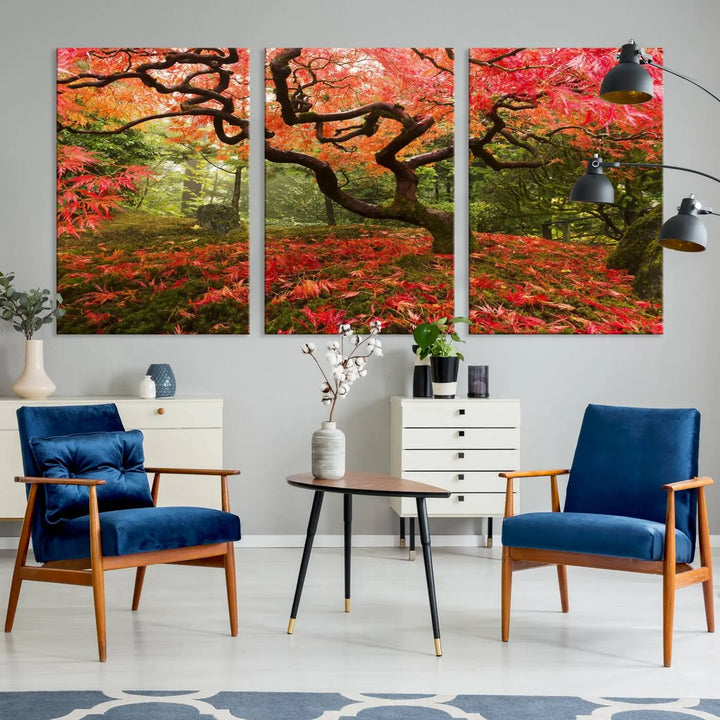 A modern living room features a triptych of the "Japanese Maple in Autumn Japanese Garden Portland Oregon Wall Art Canvas Print," elegantly displayed on museum-quality canvas.