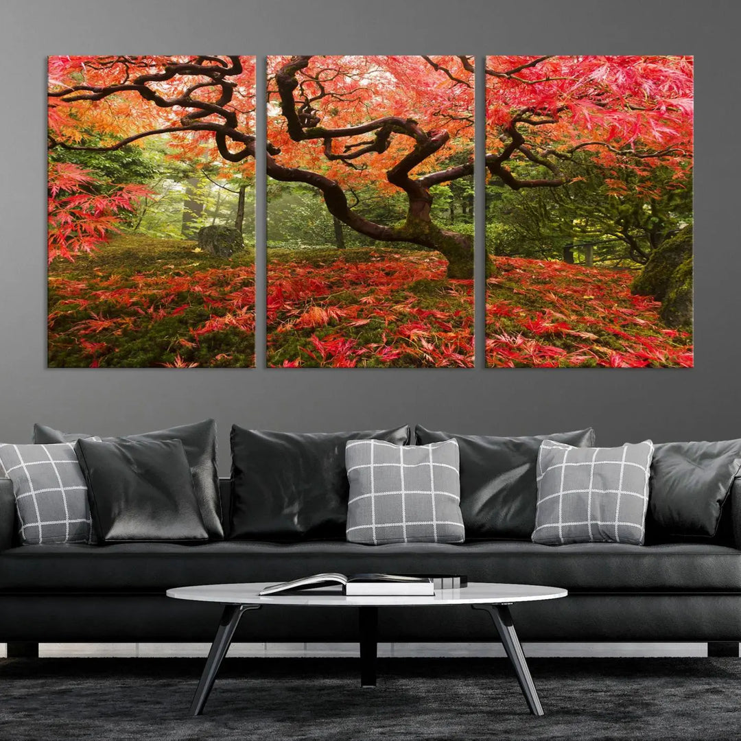 A modern living room features a triptych of the "Japanese Maple in Autumn Japanese Garden Portland Oregon Wall Art Canvas Print," elegantly displayed on museum-quality canvas.