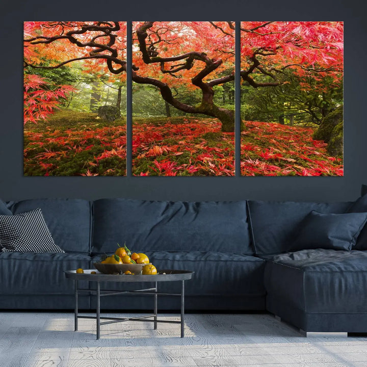 A modern living room features a triptych of the "Japanese Maple in Autumn Japanese Garden Portland Oregon Wall Art Canvas Print," elegantly displayed on museum-quality canvas.