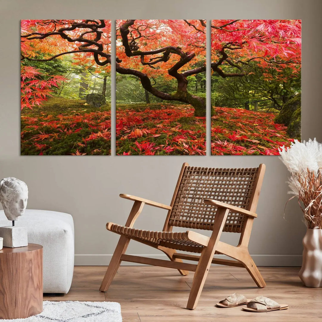 A modern living room features a triptych of the "Japanese Maple in Autumn Japanese Garden Portland Oregon Wall Art Canvas Print," elegantly displayed on museum-quality canvas.