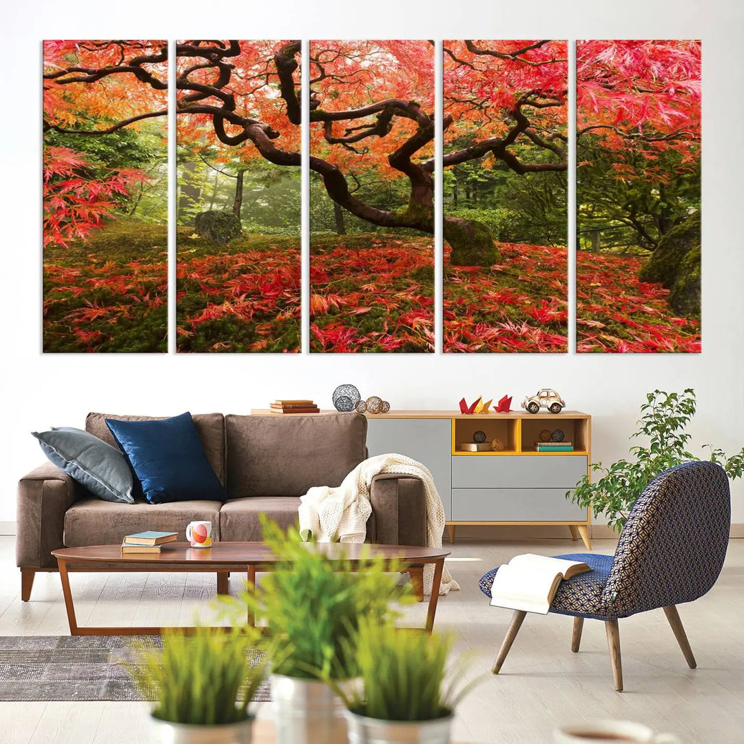 A modern living room features a triptych of the "Japanese Maple in Autumn Japanese Garden Portland Oregon Wall Art Canvas Print," elegantly displayed on museum-quality canvas.