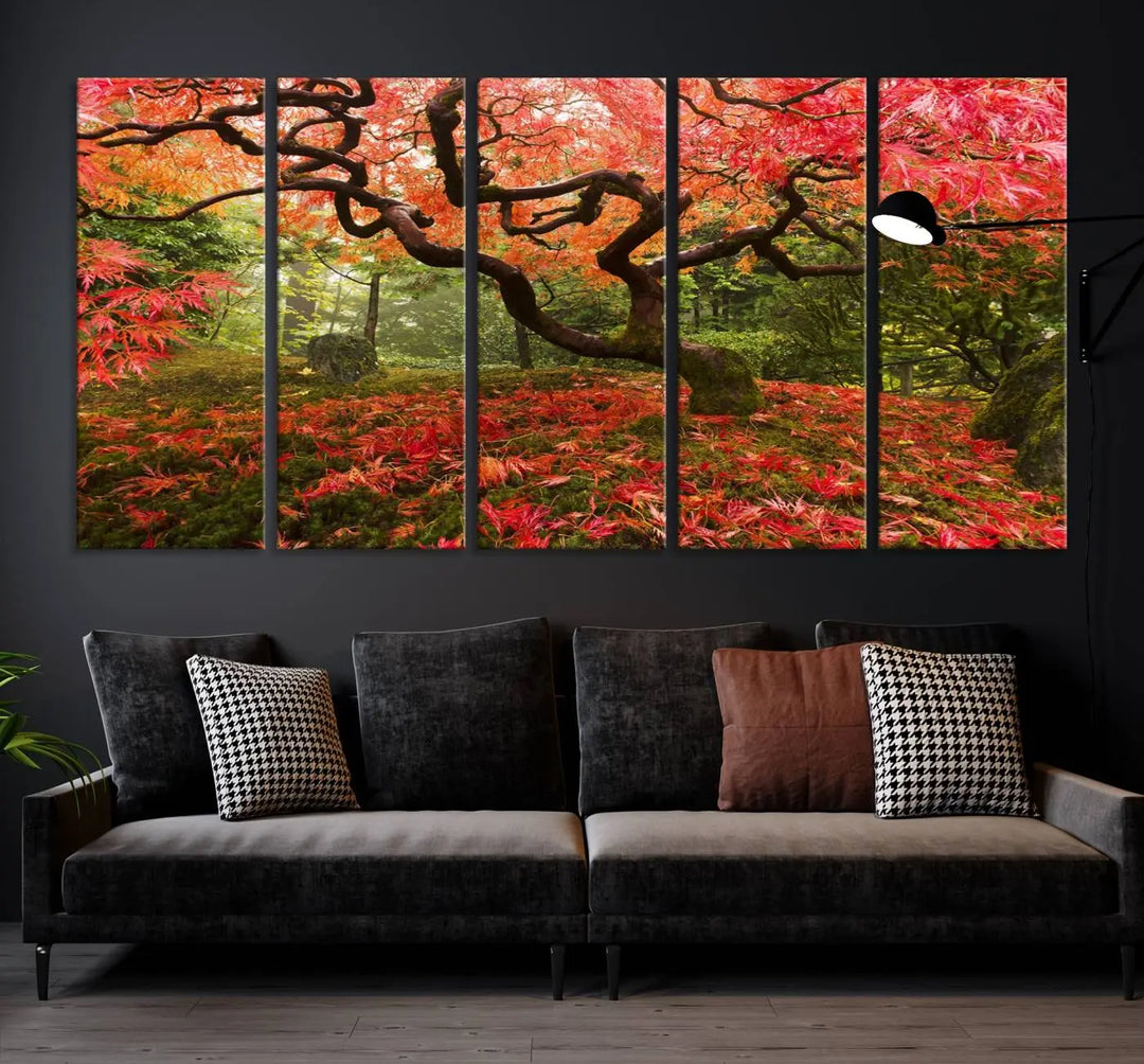 A modern living room features a triptych of the "Japanese Maple in Autumn Japanese Garden Portland Oregon Wall Art Canvas Print," elegantly displayed on museum-quality canvas.