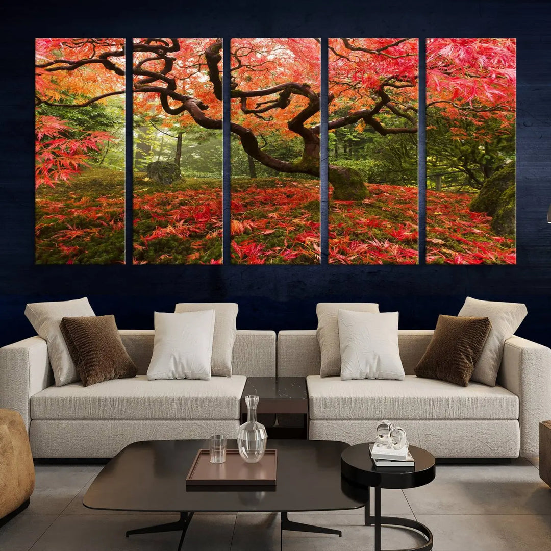 A modern living room features a triptych of the "Japanese Maple in Autumn Japanese Garden Portland Oregon Wall Art Canvas Print," elegantly displayed on museum-quality canvas.