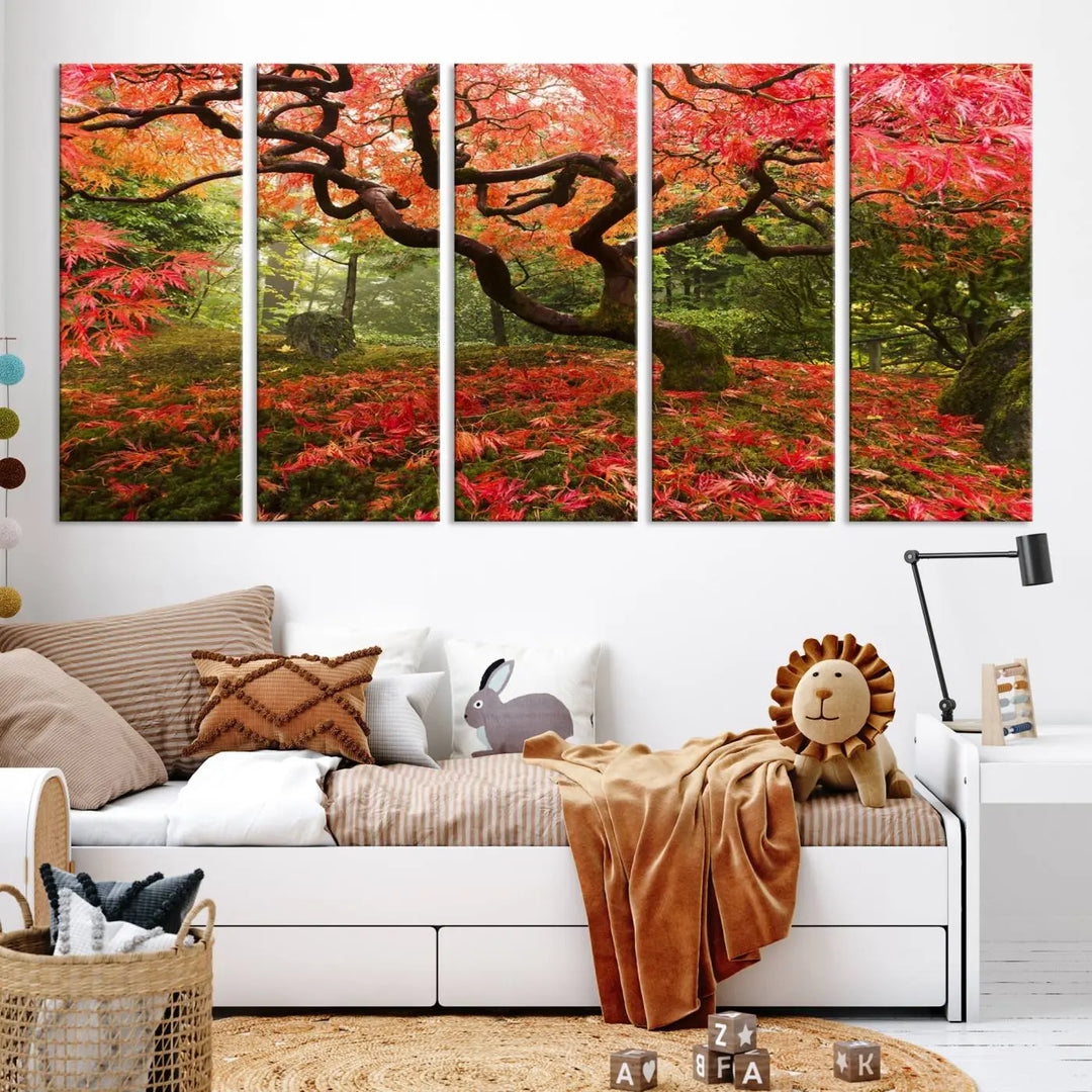 A modern living room features a triptych of the "Japanese Maple in Autumn Japanese Garden Portland Oregon Wall Art Canvas Print," elegantly displayed on museum-quality canvas.