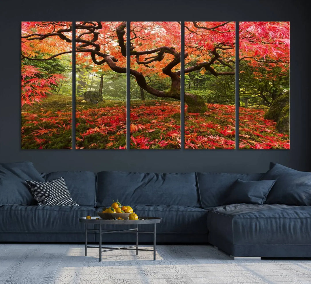 A modern living room features a triptych of the "Japanese Maple in Autumn Japanese Garden Portland Oregon Wall Art Canvas Print," elegantly displayed on museum-quality canvas.