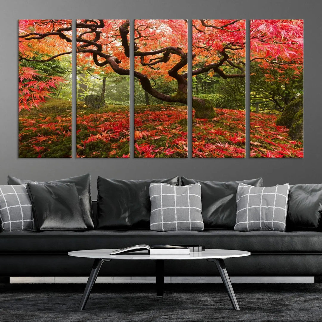 A modern living room features a triptych of the "Japanese Maple in Autumn Japanese Garden Portland Oregon Wall Art Canvas Print," elegantly displayed on museum-quality canvas.