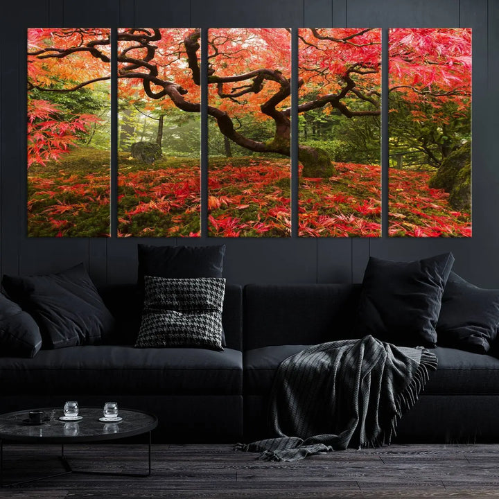 A modern living room features a triptych of the "Japanese Maple in Autumn Japanese Garden Portland Oregon Wall Art Canvas Print," elegantly displayed on museum-quality canvas.