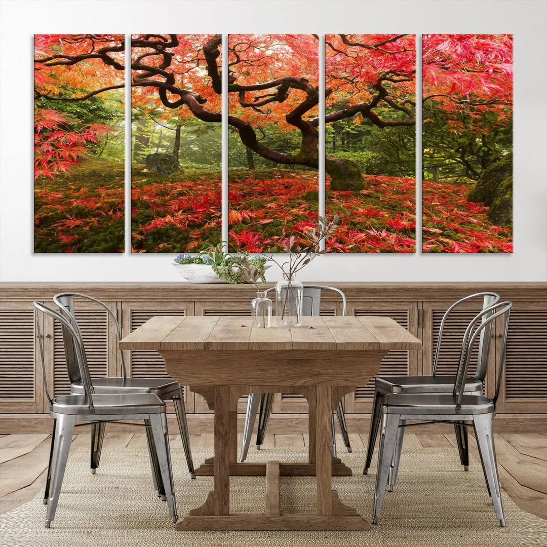 A modern living room features a triptych of the "Japanese Maple in Autumn Japanese Garden Portland Oregon Wall Art Canvas Print," elegantly displayed on museum-quality canvas.