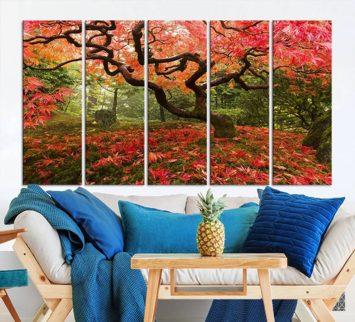 A modern living room features a triptych of the "Japanese Maple in Autumn Japanese Garden Portland Oregon Wall Art Canvas Print," elegantly displayed on museum-quality canvas.