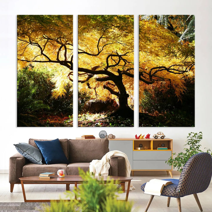 A triptych featuring the "Japanese Maple in Autumn" serves as a stunning centerpiece, set against a bright backdrop. These museum-quality canvas prints are ready to hang, effortlessly enhancing your home decor with an artistic touch.