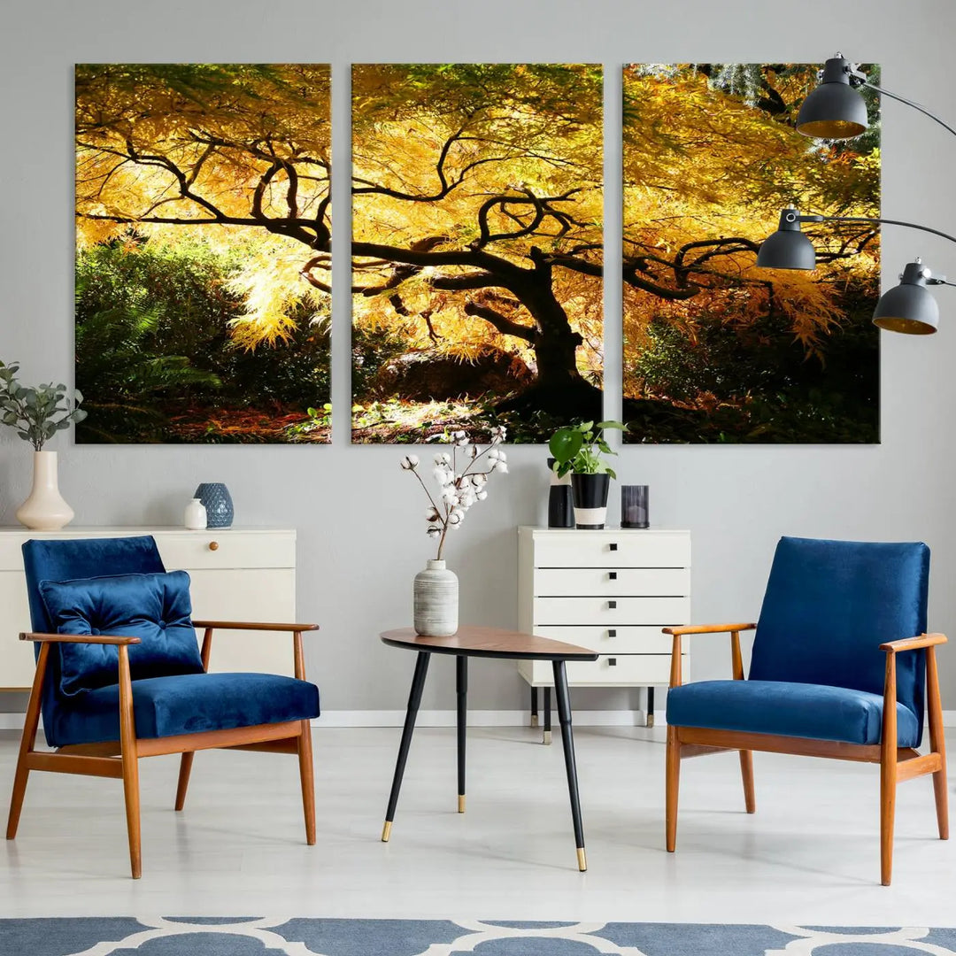 A triptych featuring the "Japanese Maple in Autumn" serves as a stunning centerpiece, set against a bright backdrop. These museum-quality canvas prints are ready to hang, effortlessly enhancing your home decor with an artistic touch.