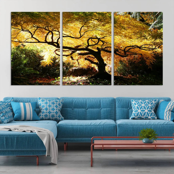 A triptych featuring the "Japanese Maple in Autumn" serves as a stunning centerpiece, set against a bright backdrop. These museum-quality canvas prints are ready to hang, effortlessly enhancing your home decor with an artistic touch.