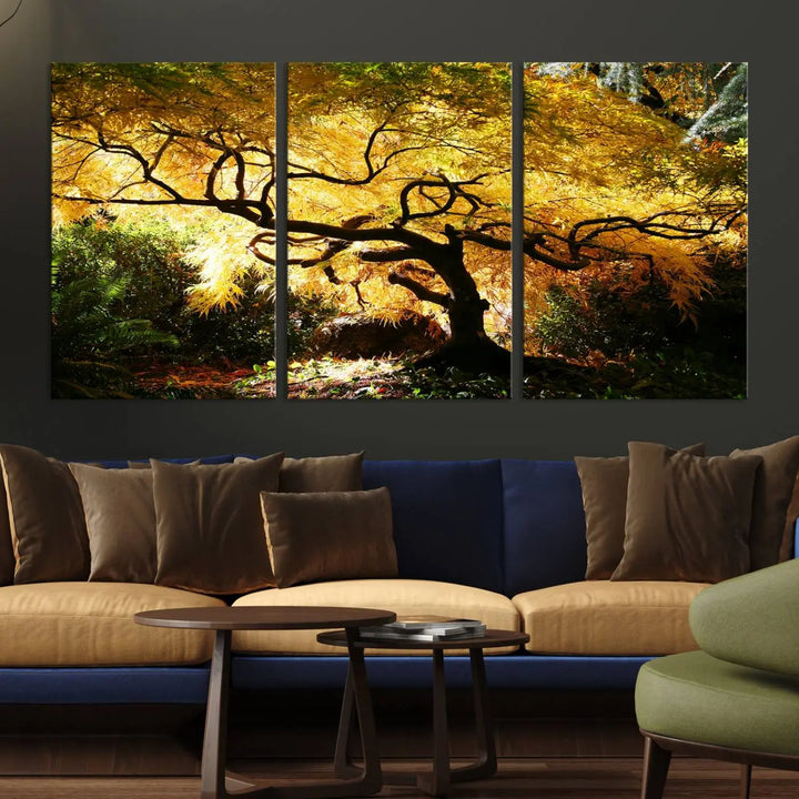 A triptych featuring the "Japanese Maple in Autumn" serves as a stunning centerpiece, set against a bright backdrop. These museum-quality canvas prints are ready to hang, effortlessly enhancing your home decor with an artistic touch.