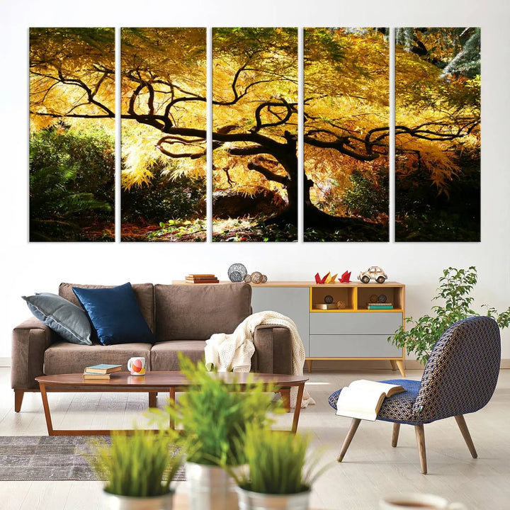 A triptych featuring the "Japanese Maple in Autumn" serves as a stunning centerpiece, set against a bright backdrop. These museum-quality canvas prints are ready to hang, effortlessly enhancing your home decor with an artistic touch.