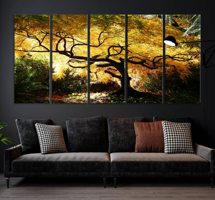 A triptych featuring the "Japanese Maple in Autumn" serves as a stunning centerpiece, set against a bright backdrop. These museum-quality canvas prints are ready to hang, effortlessly enhancing your home decor with an artistic touch.