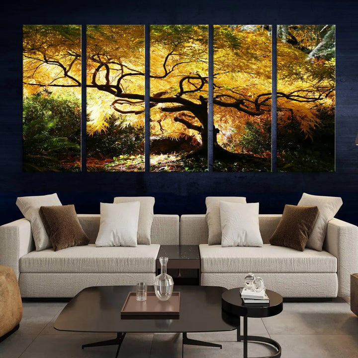 A triptych featuring the "Japanese Maple in Autumn" serves as a stunning centerpiece, set against a bright backdrop. These museum-quality canvas prints are ready to hang, effortlessly enhancing your home decor with an artistic touch.