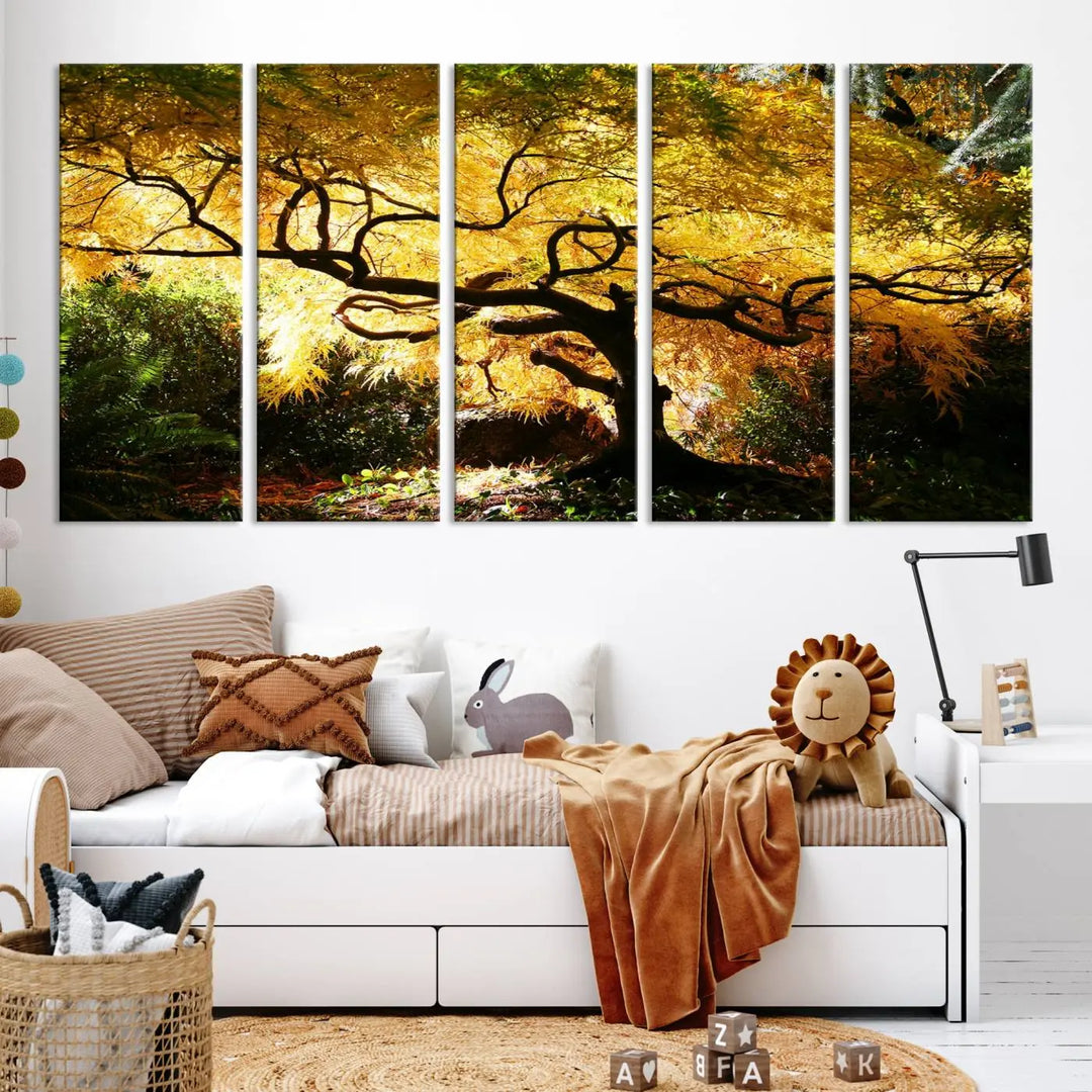 A triptych featuring the "Japanese Maple in Autumn" serves as a stunning centerpiece, set against a bright backdrop. These museum-quality canvas prints are ready to hang, effortlessly enhancing your home decor with an artistic touch.