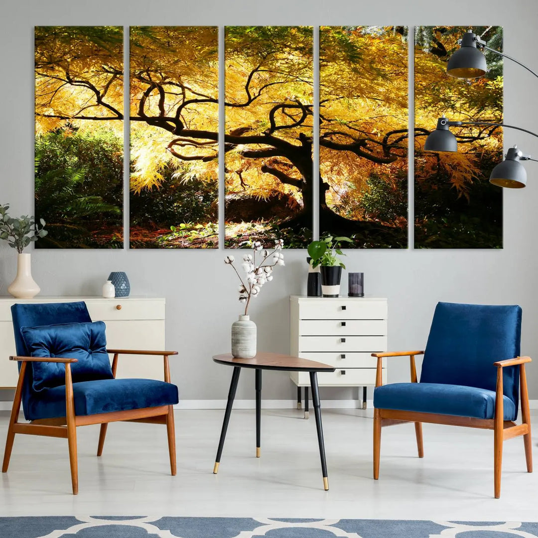 A triptych featuring the "Japanese Maple in Autumn" serves as a stunning centerpiece, set against a bright backdrop. These museum-quality canvas prints are ready to hang, effortlessly enhancing your home decor with an artistic touch.