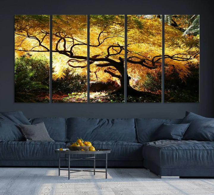 A triptych featuring the "Japanese Maple in Autumn" serves as a stunning centerpiece, set against a bright backdrop. These museum-quality canvas prints are ready to hang, effortlessly enhancing your home decor with an artistic touch.