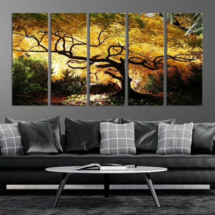 A triptych featuring the "Japanese Maple in Autumn" serves as a stunning centerpiece, set against a bright backdrop. These museum-quality canvas prints are ready to hang, effortlessly enhancing your home decor with an artistic touch.