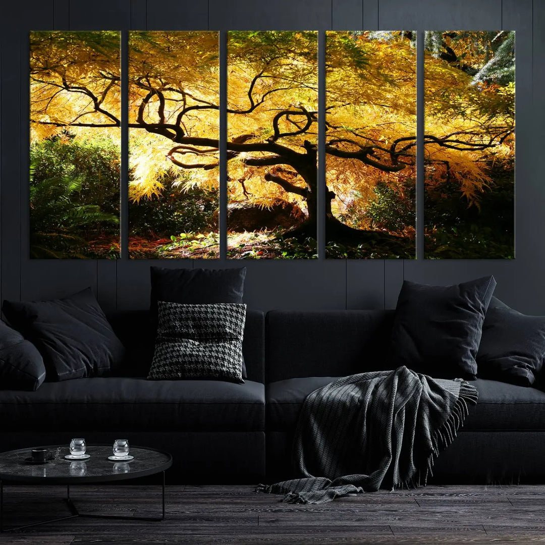 A triptych featuring the "Japanese Maple in Autumn" serves as a stunning centerpiece, set against a bright backdrop. These museum-quality canvas prints are ready to hang, effortlessly enhancing your home decor with an artistic touch.