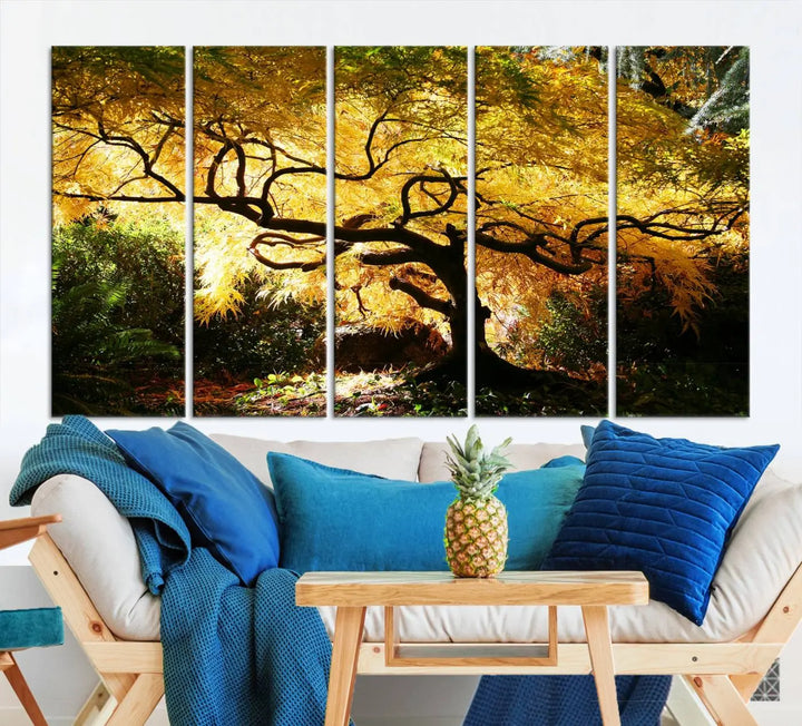 A triptych featuring the "Japanese Maple in Autumn" serves as a stunning centerpiece, set against a bright backdrop. These museum-quality canvas prints are ready to hang, effortlessly enhancing your home decor with an artistic touch.