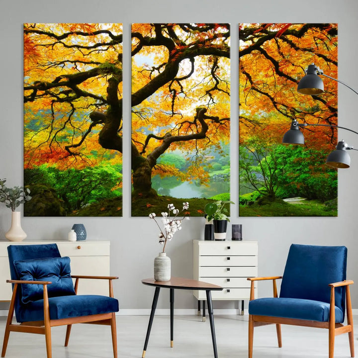 A breathtaking three-panel artwork titled "Japanese Maple in Autumn, Japanese Garden, Portland Oregon Fall Wall Art Canvas Print" adorns the modern living room. Printed on museum-quality canvas with a UV-protective coating for enduring brilliance, this masterpiece comes with free shipping.