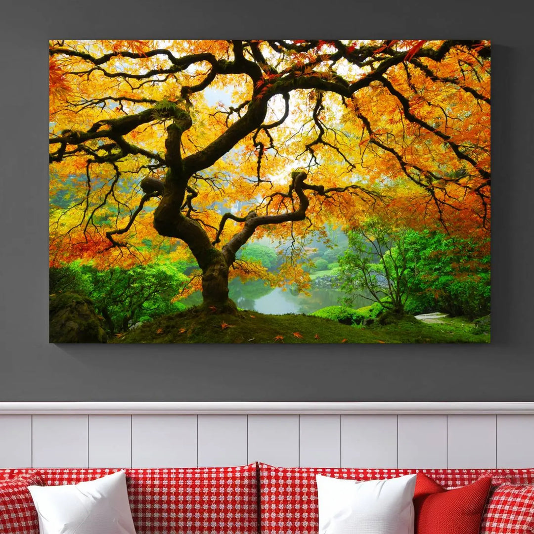 A breathtaking three-panel artwork titled "Japanese Maple in Autumn, Japanese Garden, Portland Oregon Fall Wall Art Canvas Print" adorns the modern living room. Printed on museum-quality canvas with a UV-protective coating for enduring brilliance, this masterpiece comes with free shipping.