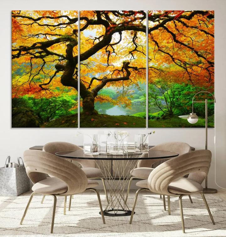 A breathtaking three-panel artwork titled "Japanese Maple in Autumn, Japanese Garden, Portland Oregon Fall Wall Art Canvas Print" adorns the modern living room. Printed on museum-quality canvas with a UV-protective coating for enduring brilliance, this masterpiece comes with free shipping.