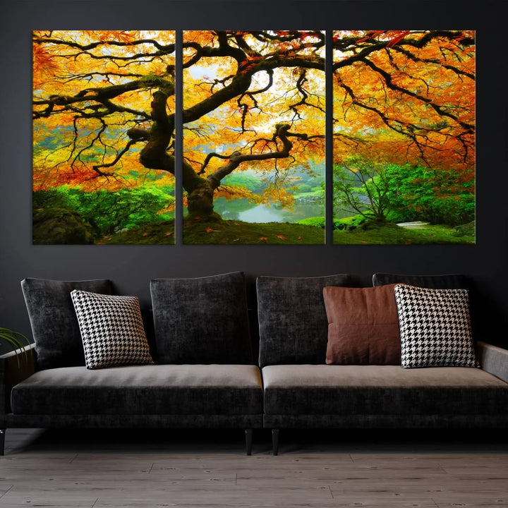 A breathtaking three-panel artwork titled "Japanese Maple in Autumn, Japanese Garden, Portland Oregon Fall Wall Art Canvas Print" adorns the modern living room. Printed on museum-quality canvas with a UV-protective coating for enduring brilliance, this masterpiece comes with free shipping.