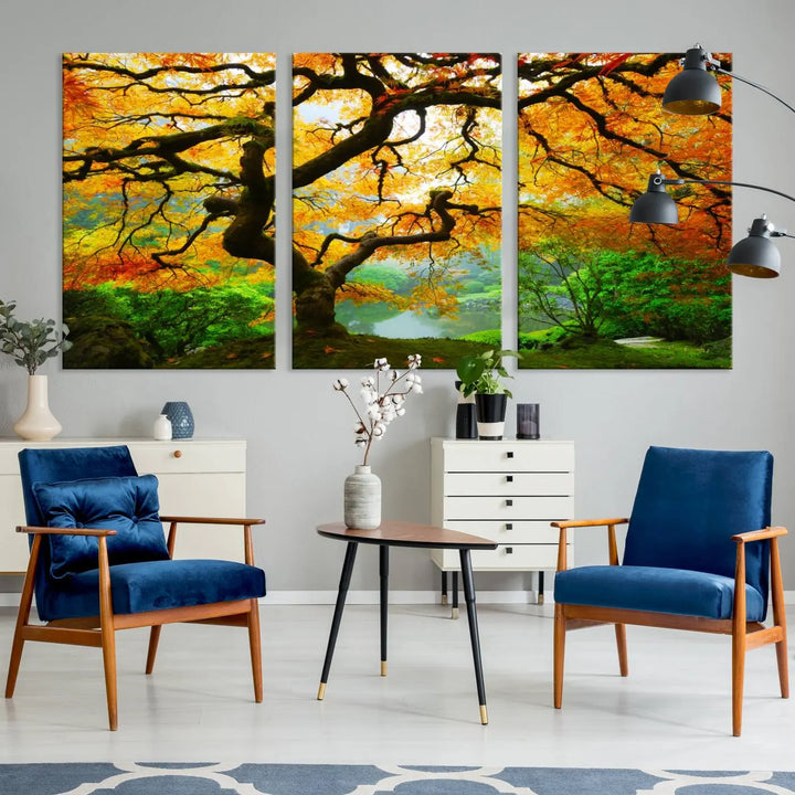 A breathtaking three-panel artwork titled "Japanese Maple in Autumn, Japanese Garden, Portland Oregon Fall Wall Art Canvas Print" adorns the modern living room. Printed on museum-quality canvas with a UV-protective coating for enduring brilliance, this masterpiece comes with free shipping.